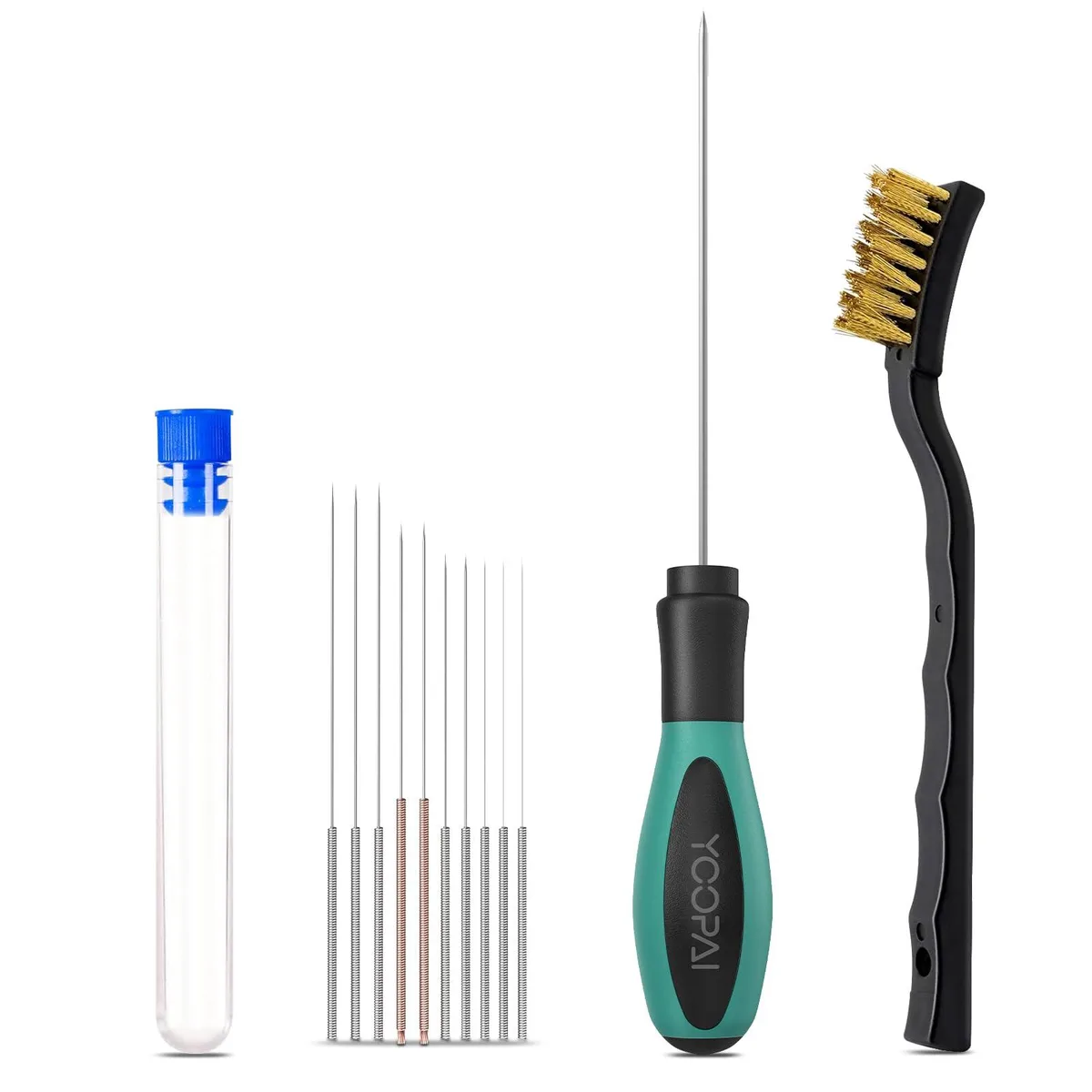 Soft-rubber handled cleaning needle, ten stainless needles in a box, copper wire brush for 1.75mm nozzles