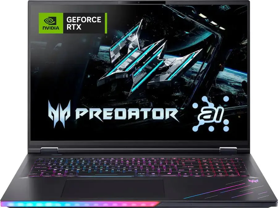 Large 18 inch gaming laptop in Abyssal Black finish with mini LED display and backlit keyboard