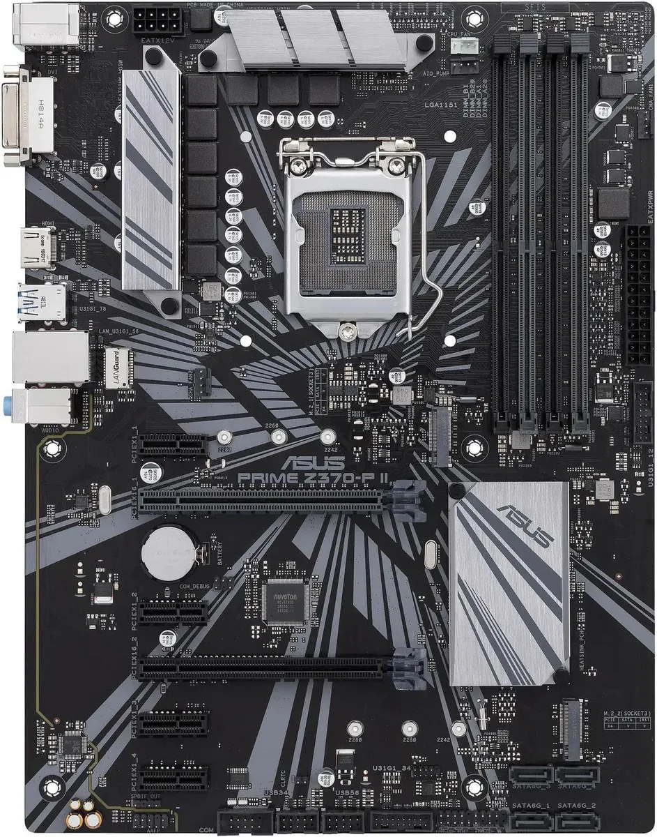 ATX motherboard green PCB silver heatsinks LGA 1151 socket DDR4 slots SATA ports I/O shield