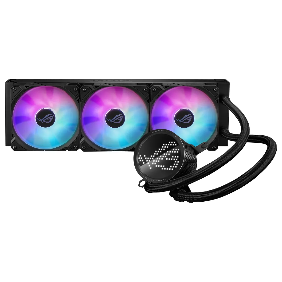 Black 360 mm radiator with three 120 mm ARGB fans, square copper pump block featuring an LED matrix display, sleeved rubber tubes
