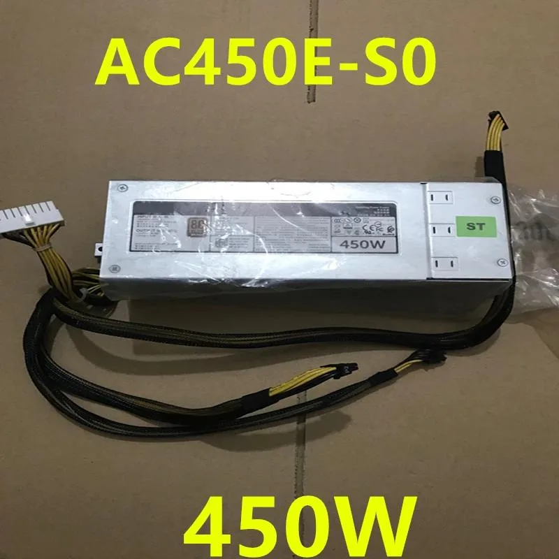 Rectangular black ATX power supply unit with fan grille and cable bundle