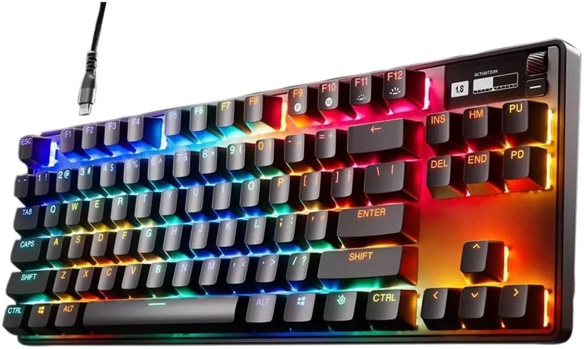 Black tenkeyless keyboard with aluminum frame, OLED display, volume roller, detachable wrist rest and braided USB-C cable