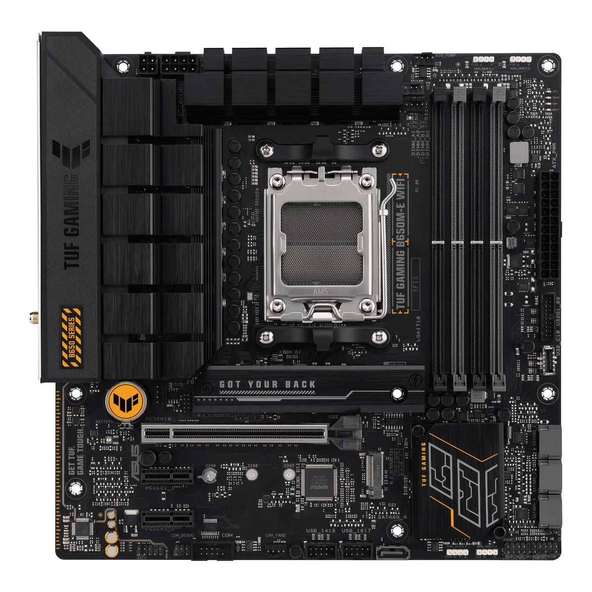 ASUS TUF Gaming B650M-E WIFI micro-ATX motherboard in dark grey and yellow
