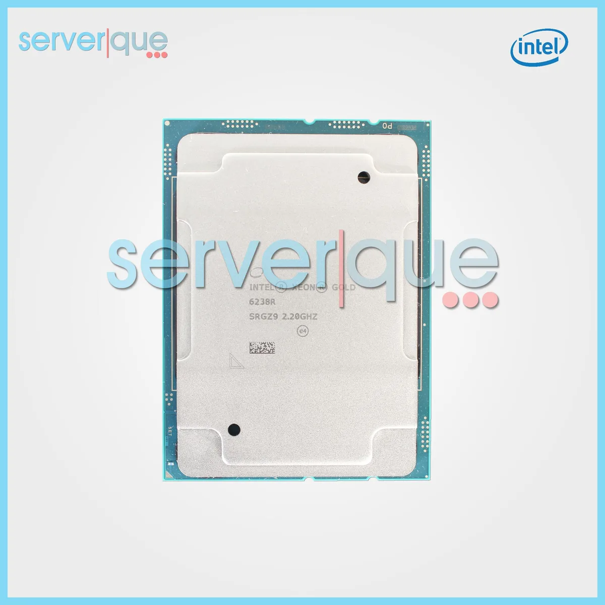 Gold-coloured square server processor with gold contact pads on the underside, silver heat spreader on top, no cooler included