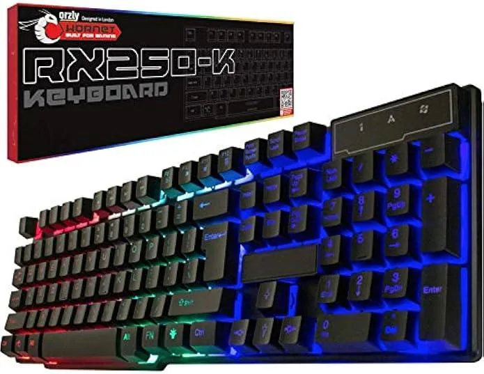 Black full-size wired gaming keyboard with rainbow backlit membrane keys and foldable stand