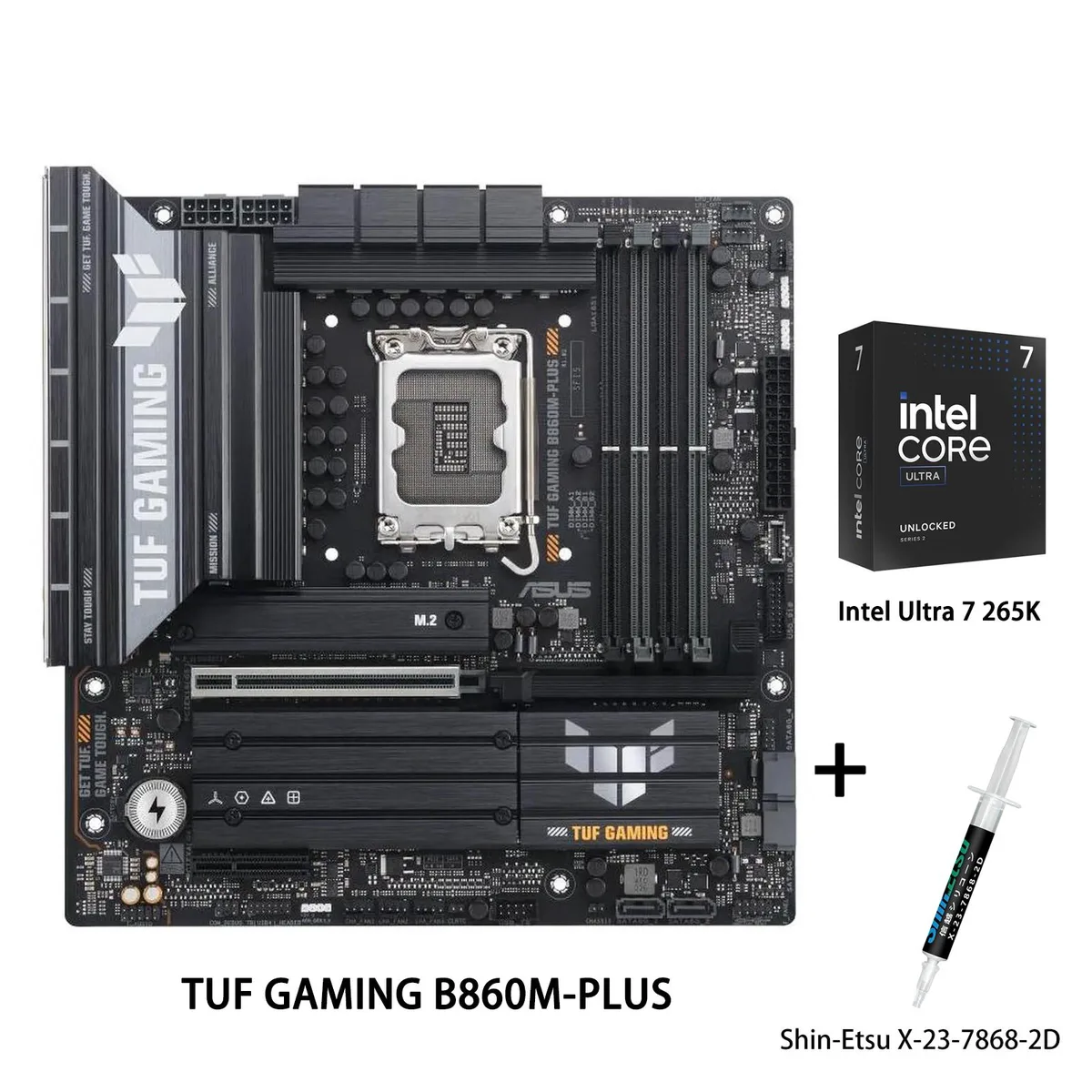 ASUS TUF Gaming B860M-PLUS mATX motherboard with Intel Core Ultra 7 265K CPU and Shin-Etsu thermal paste tube