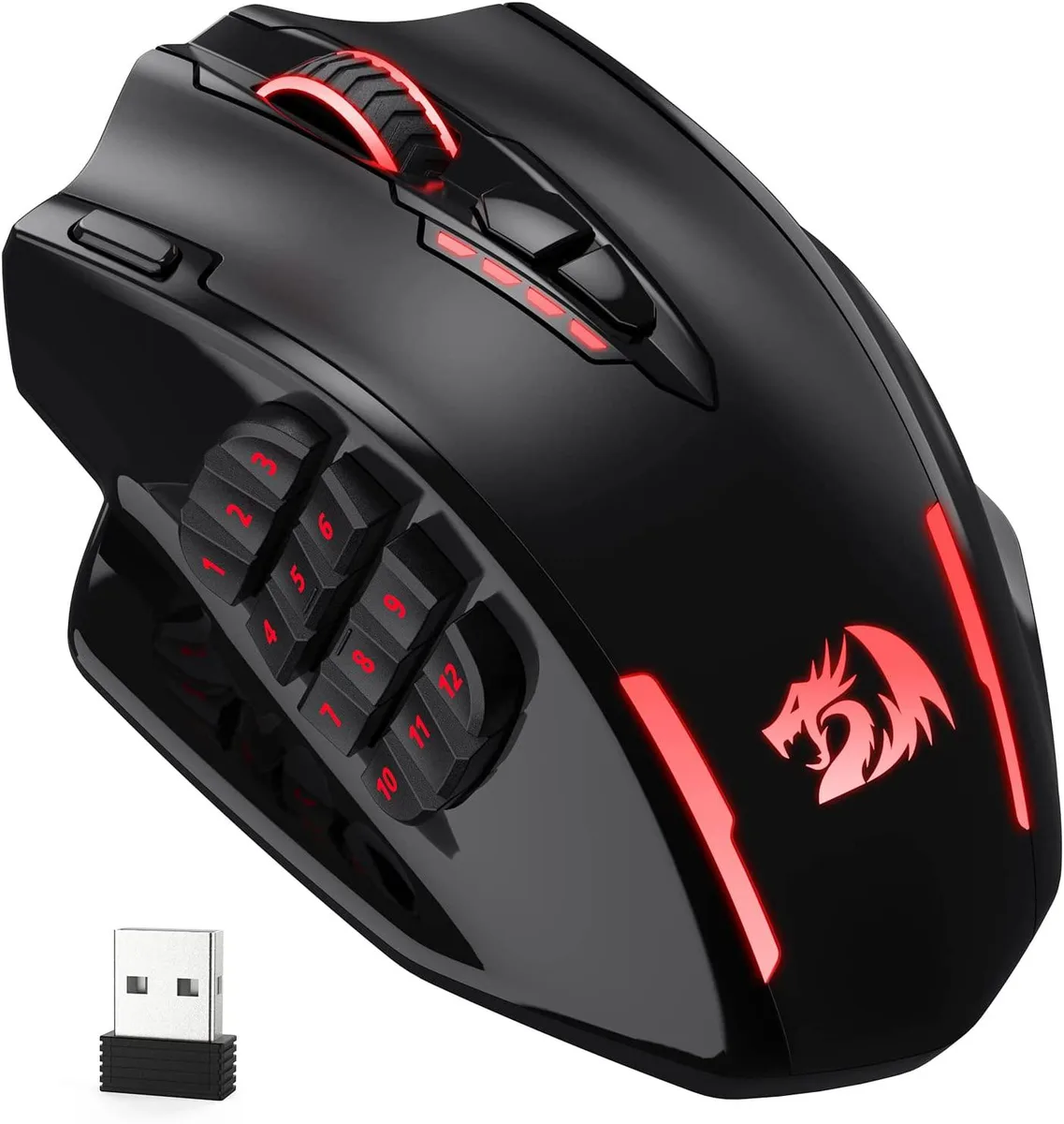 Black right-handed gaming mouse with 12 side buttons and RGB lighting