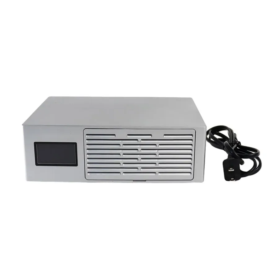Small rectangular ASIC miner in dark finish, built-in power supply, compact desktop size