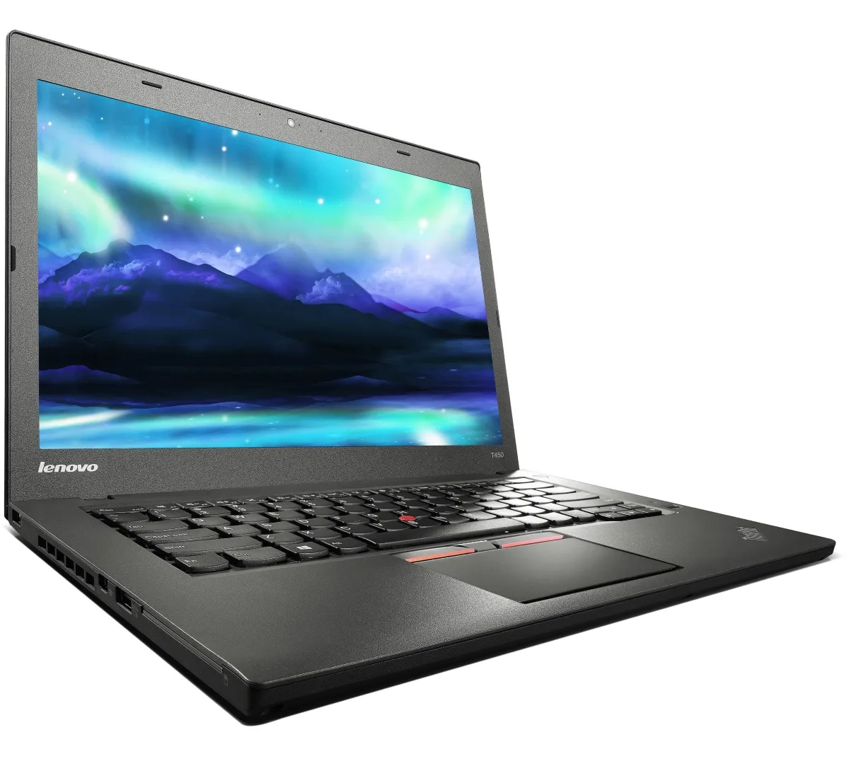 Black 14 inch ThinkPad T450 laptop with matte finish, closed lid showing brand logo