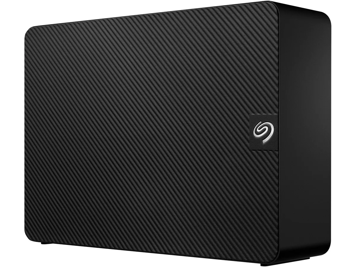 Black rectangular desktop hard drive enclosure with USB 3.0 cable and power adapter