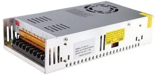 Rectangular metal power supply unit with aluminium case, input voltage selector switch, 215 by 115 by 50 millimetres