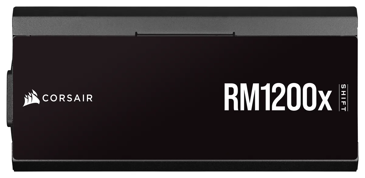 Rectangular ATX power supply with side-mounted modular connectors, matte black finish, 140mm fan visible