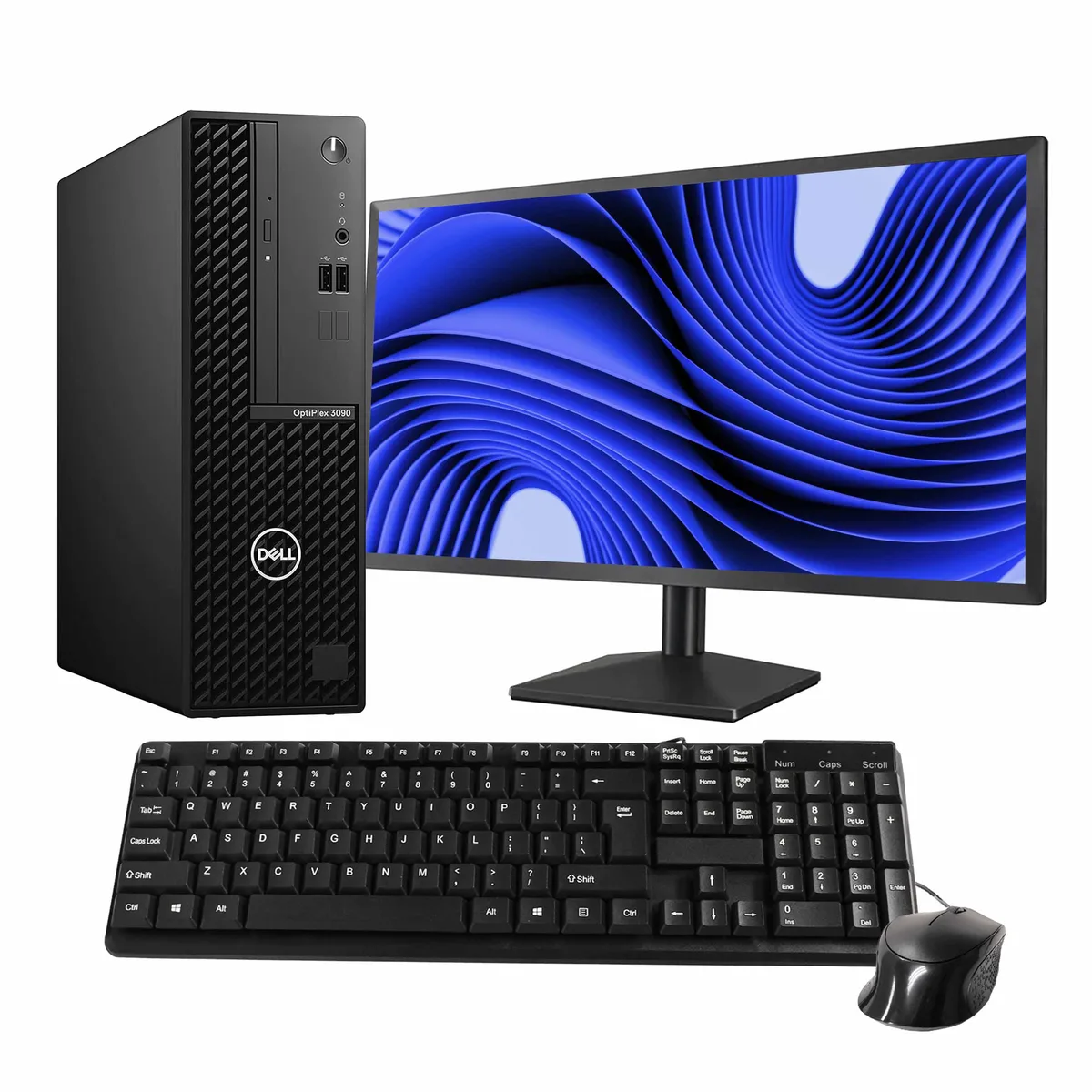 Black Dell OptiPlex 3090 tower with 24 inch monitor keyboard and mouse