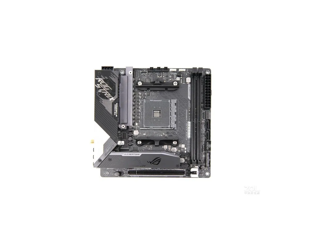 Compact Mini-ITX motherboard with black PCB and grey heatsinks