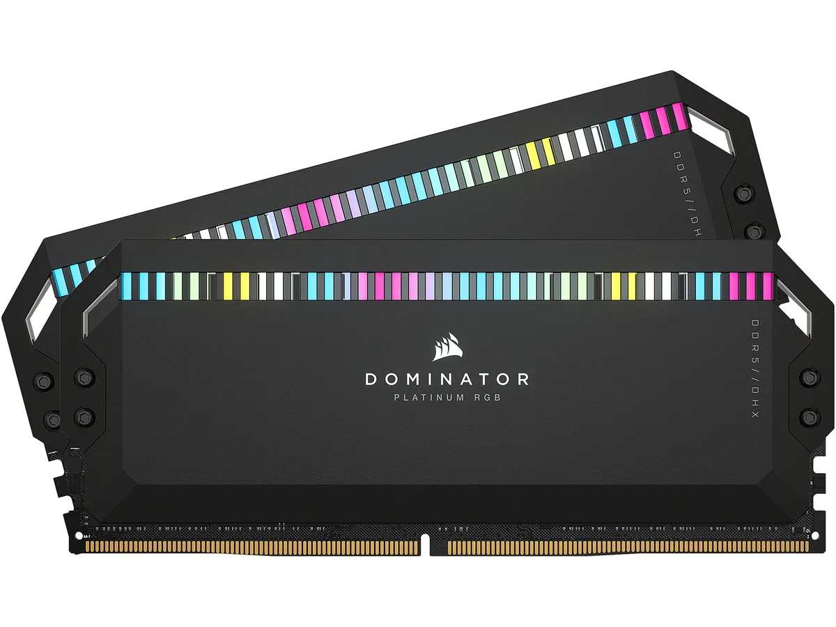 Two black aluminium DDR5 modules with RGB lighting