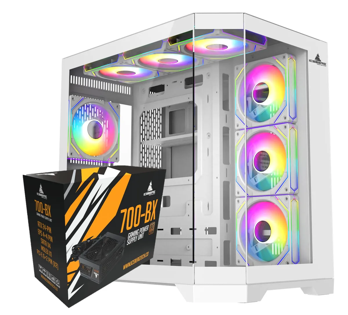 White ATX cube case with three tempered-glass sides and seven 120 mm aRGB fans visible through the panels