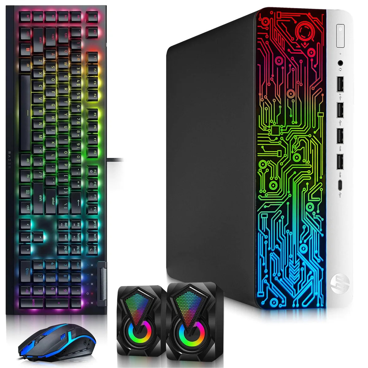 Black small-form-factor desktop tower with RGB keyboard, mouse and speakers