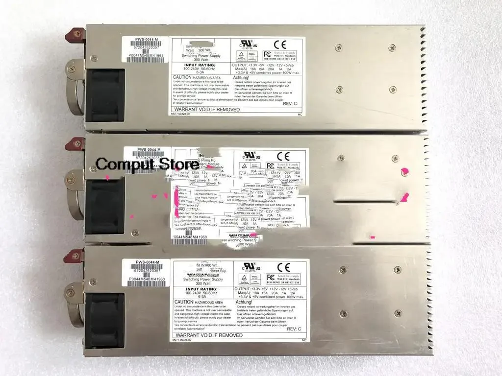 Silver rectangular server power supply unit with ventilation grille and rear connector panel