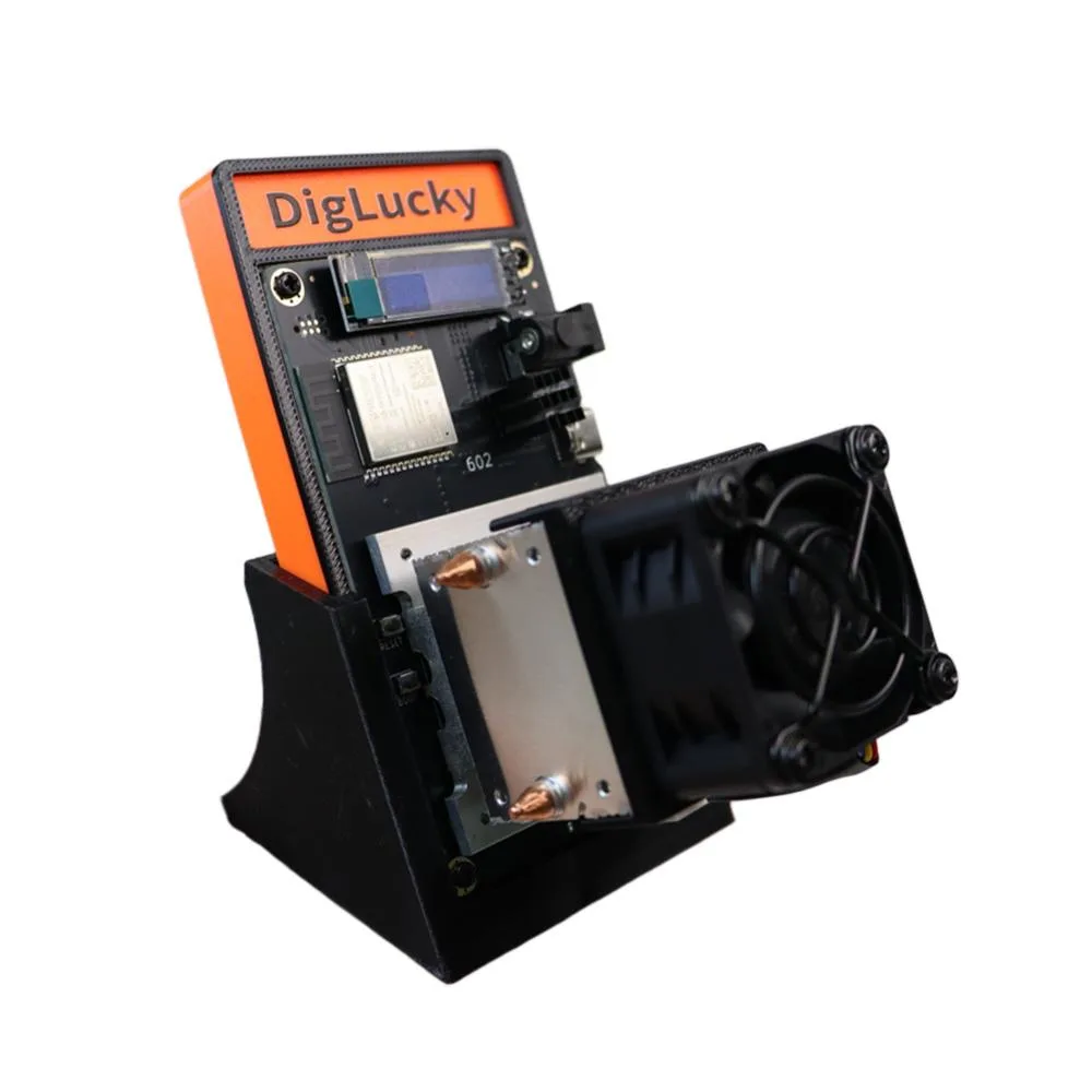 Compact black desktop miner with .96 inch OLED screen and integrated fan