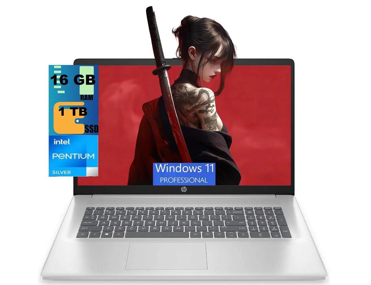 Silver 17.3-inch touchscreen laptop, slim profile
