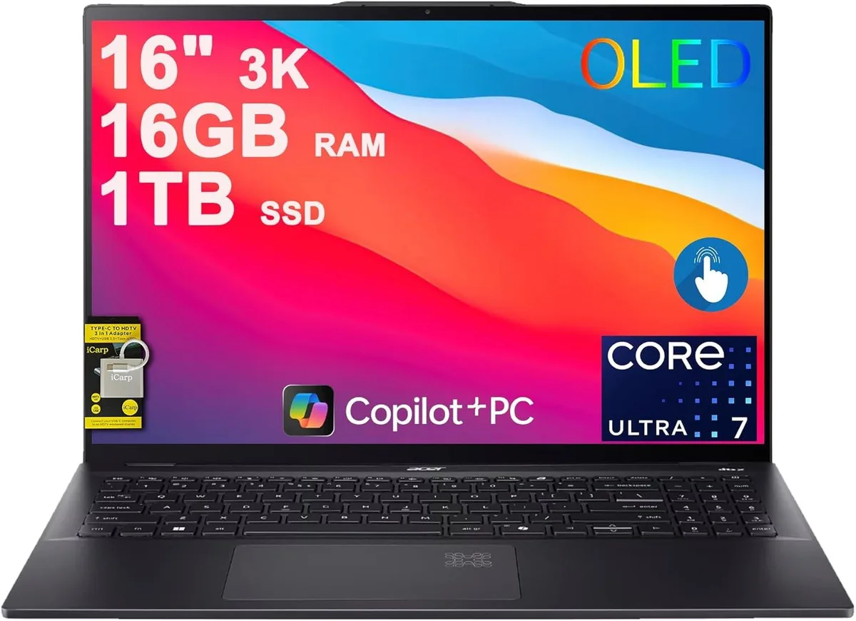Black Acer Swift 16 laptop, 16 inch 3K OLED touchscreen, slim 0.65 inch profile