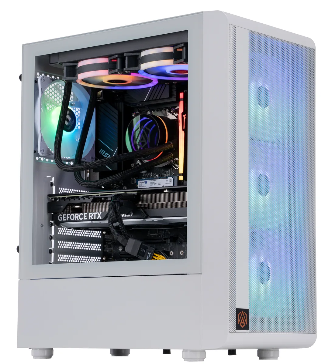 White ABS Stratos S200 mid-tower with RGB AIO cooler visible through side panel