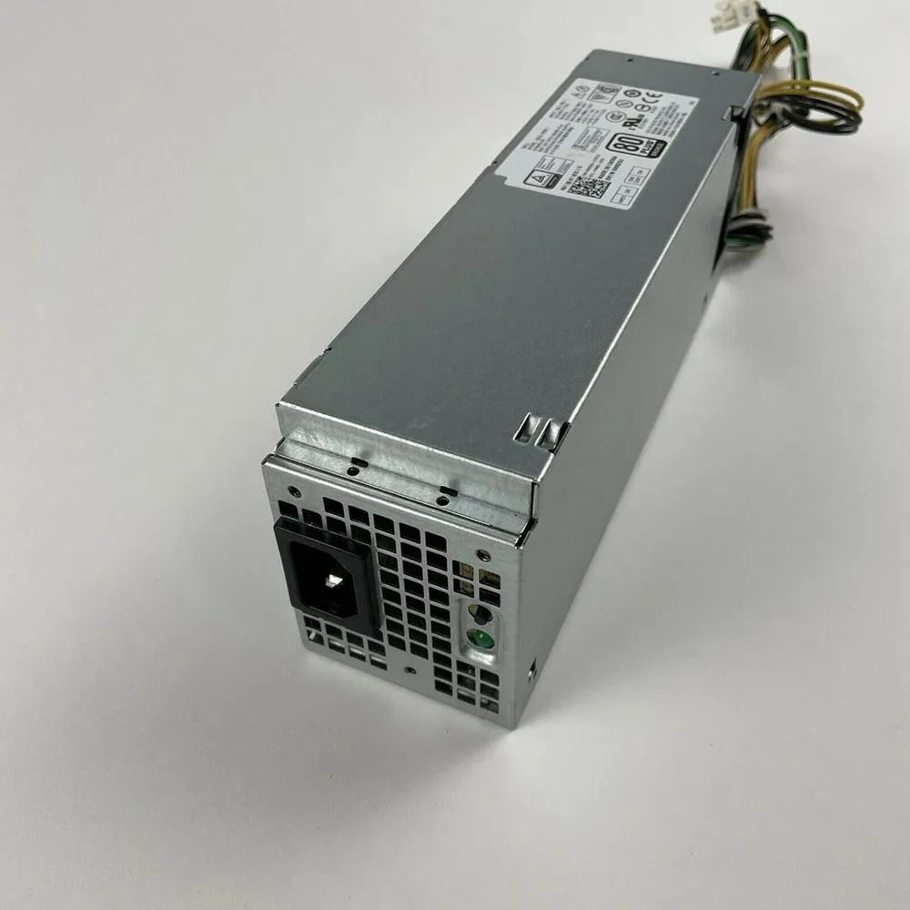 Compact black ATX power supply unit with label showing model and compatibility codes