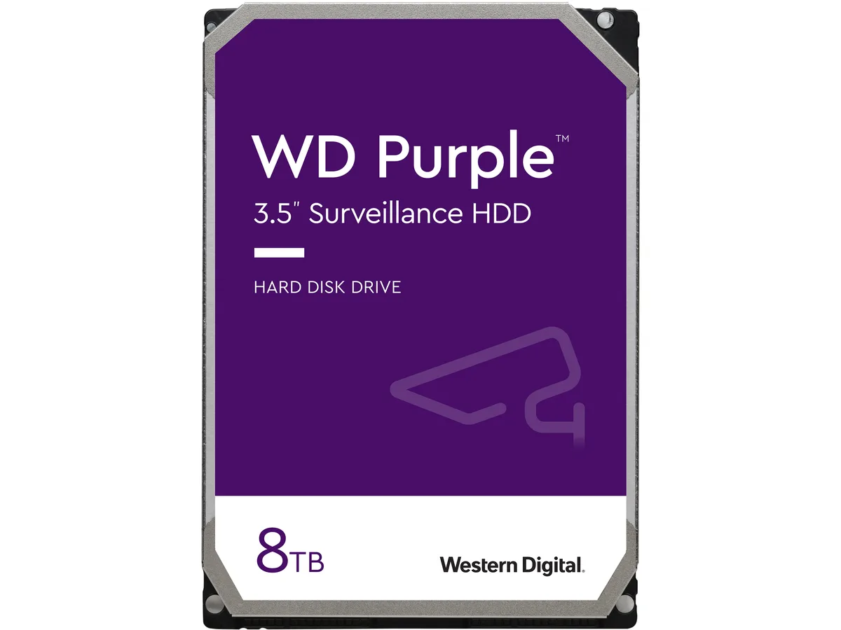 Bare 3.5 inch SATA hard drive, silver metal casing, green label with purple accent