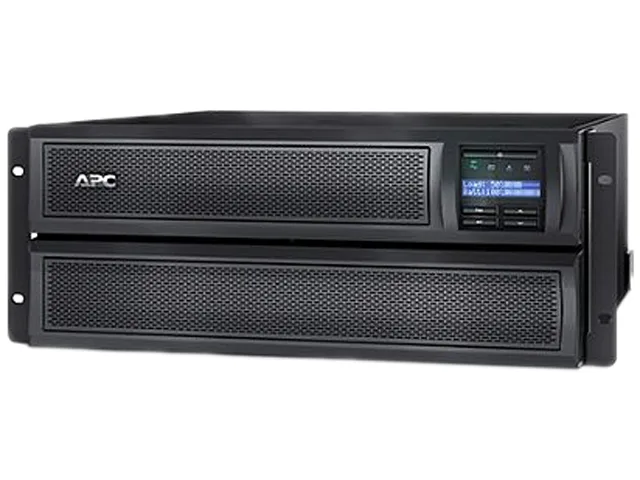 Rectangular black metal tower UPS with front LCD display and multiple rear outlets