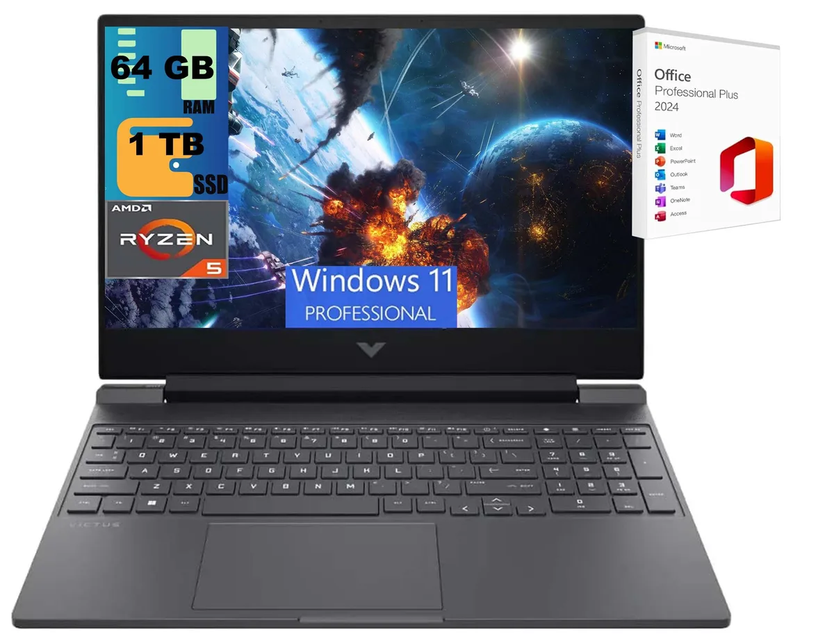 Black HP Victus 15 Raider gaming laptop, 15.6 inch matte display, backlit keyboard with numeric keypad, webcam above screen