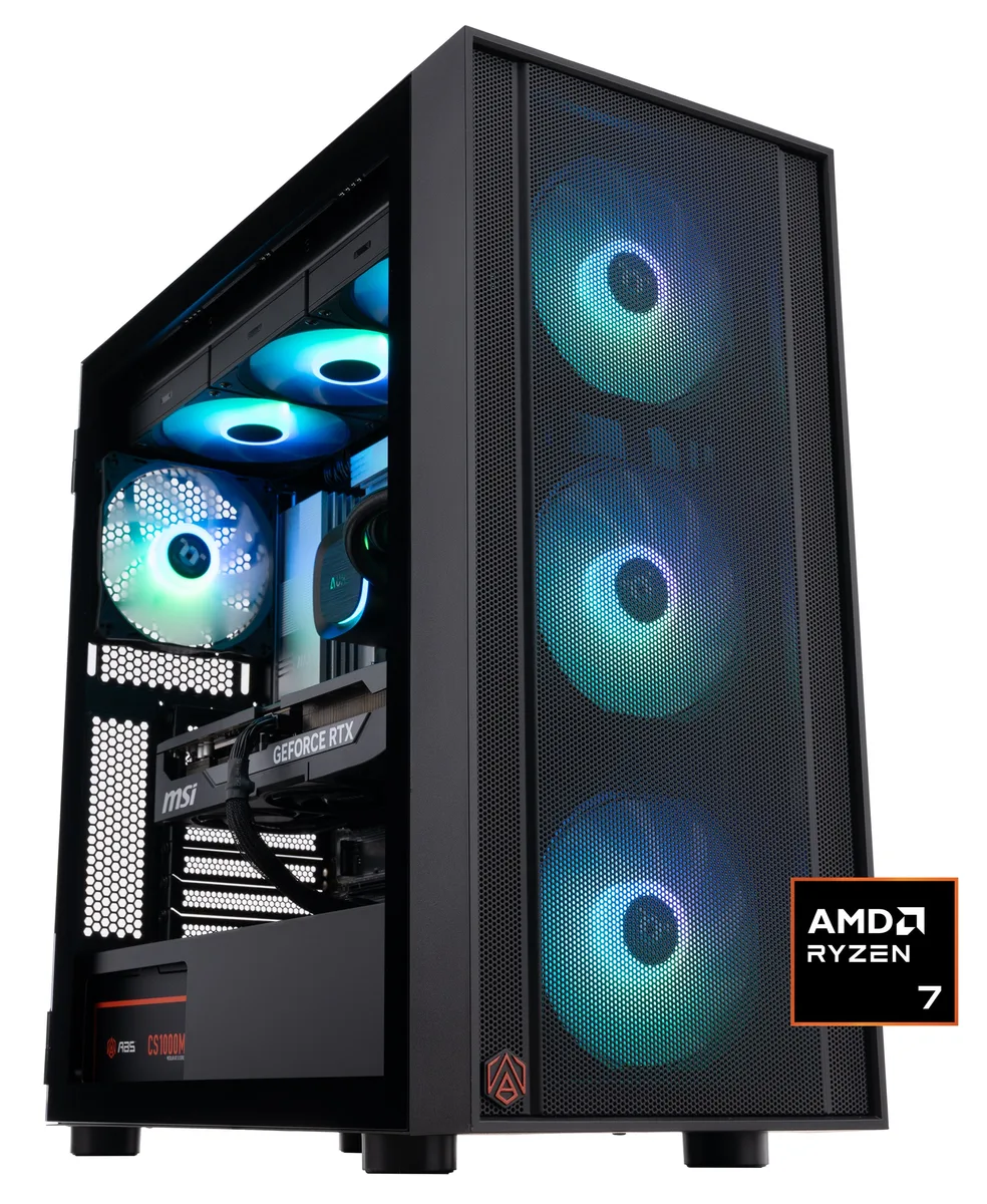 Black ABS H570 mid-tower with RGB-lit liquid cooler visible through glass side panel