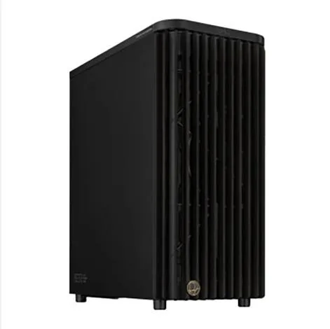 Mid-tower case with black steel panels and wood front accent, non-transparent side panel