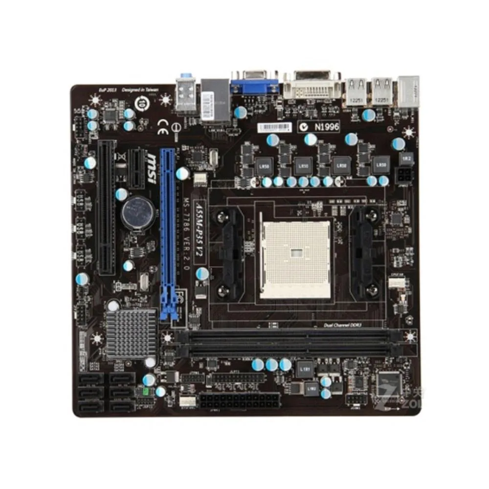 Green micro-ATX board with FM1 socket, black slots and silver heatsinks