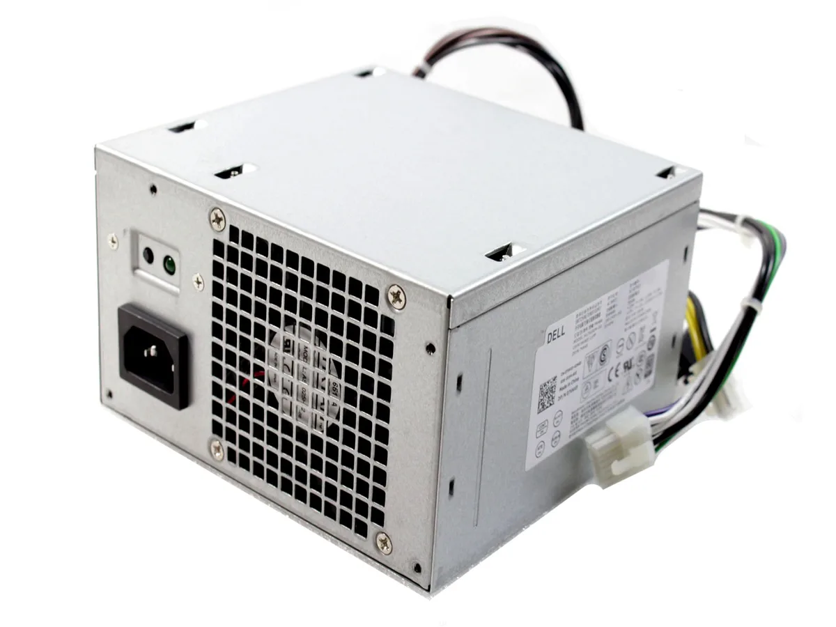 Rectangular metal power supply unit with silver finish and rear fan grille