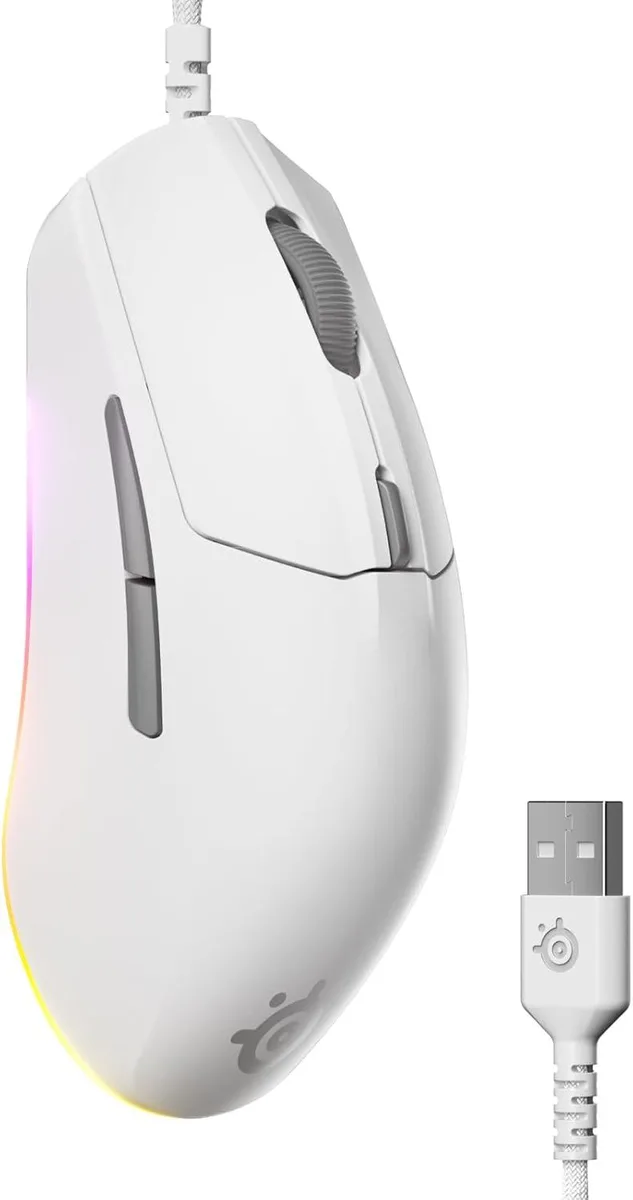 White gaming mouse with lightweight ergonomic shape and braided cable