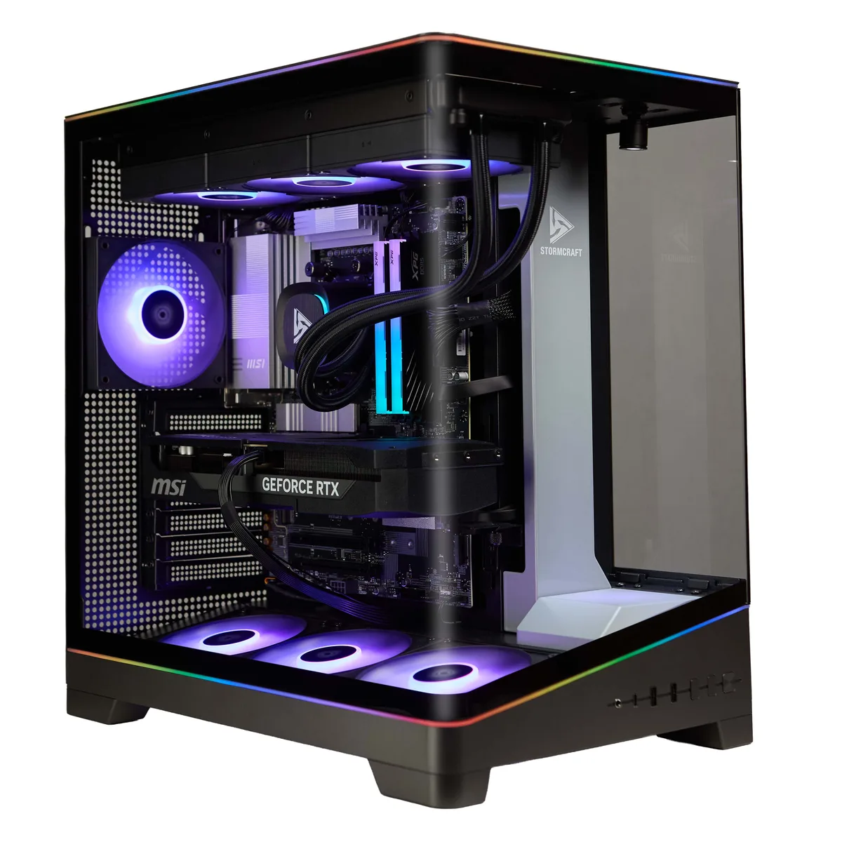 A tall dark tower with tempered glass panels and internal RGB lighting