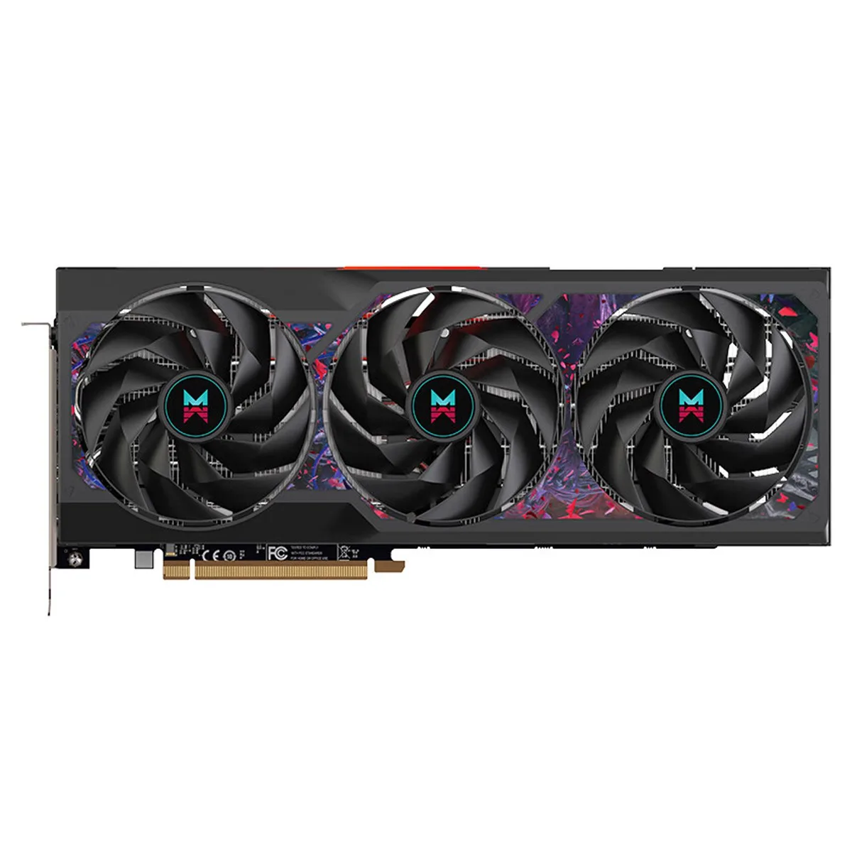 Black triple-fan graphics card with angular shroud and backplate, 320x129x53 mm