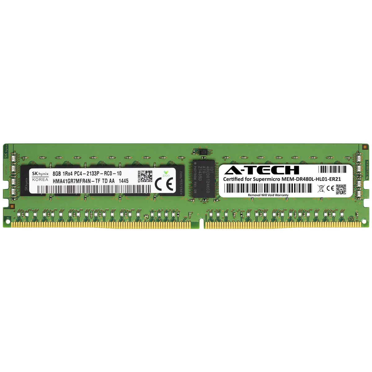 Green rectangular DDR4 RDIMM module with black chips and gold contacts