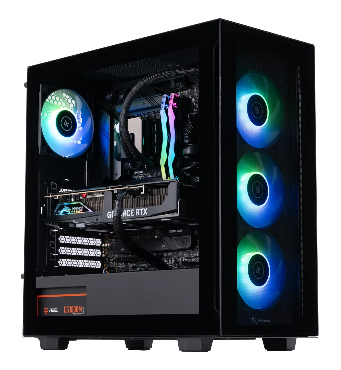 Black mid-tower gaming desktop with side glass panel and RGB lighting