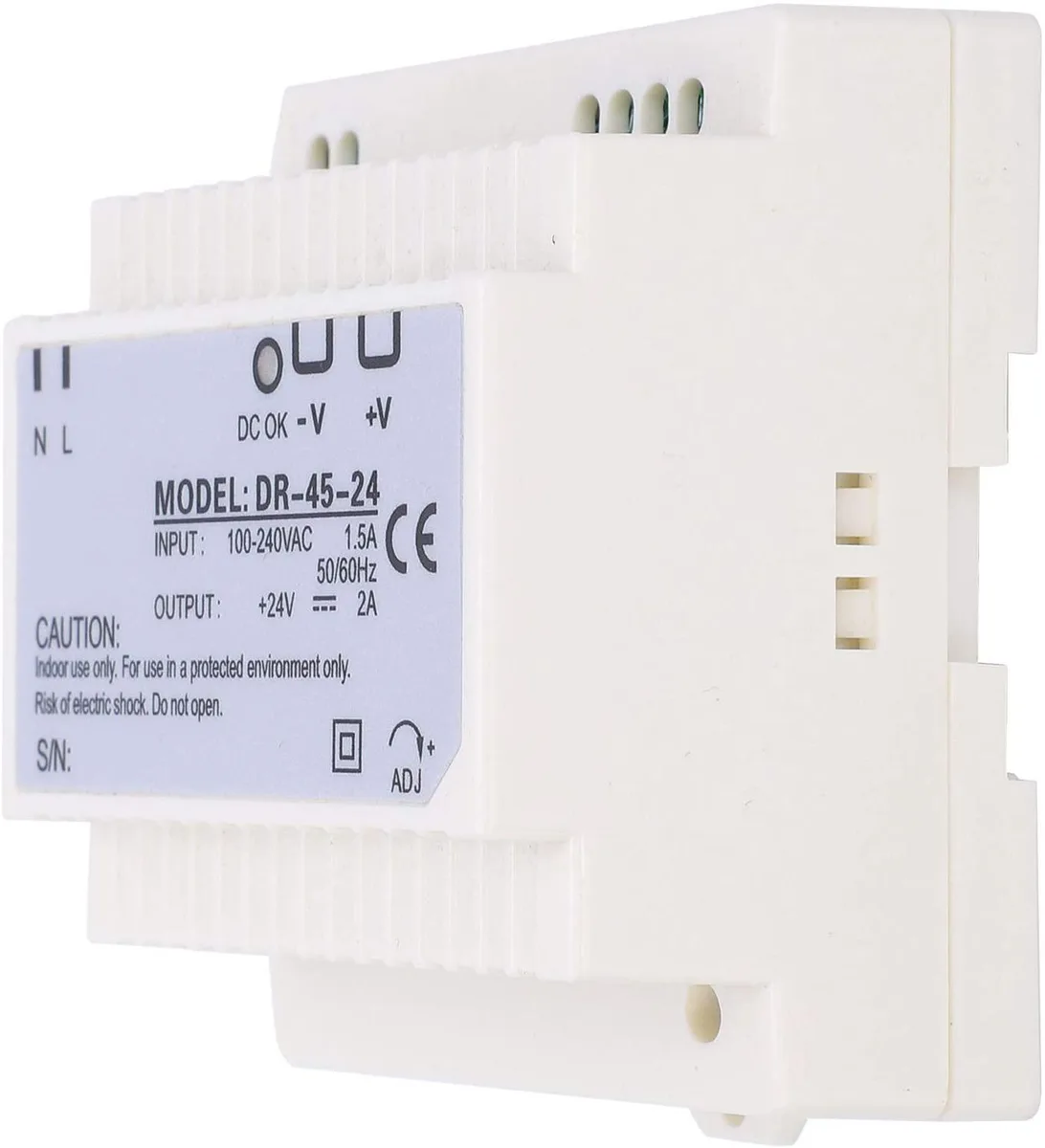 Compact grey ABS DIN-rail power supply with terminal blocks and ventilation slots
