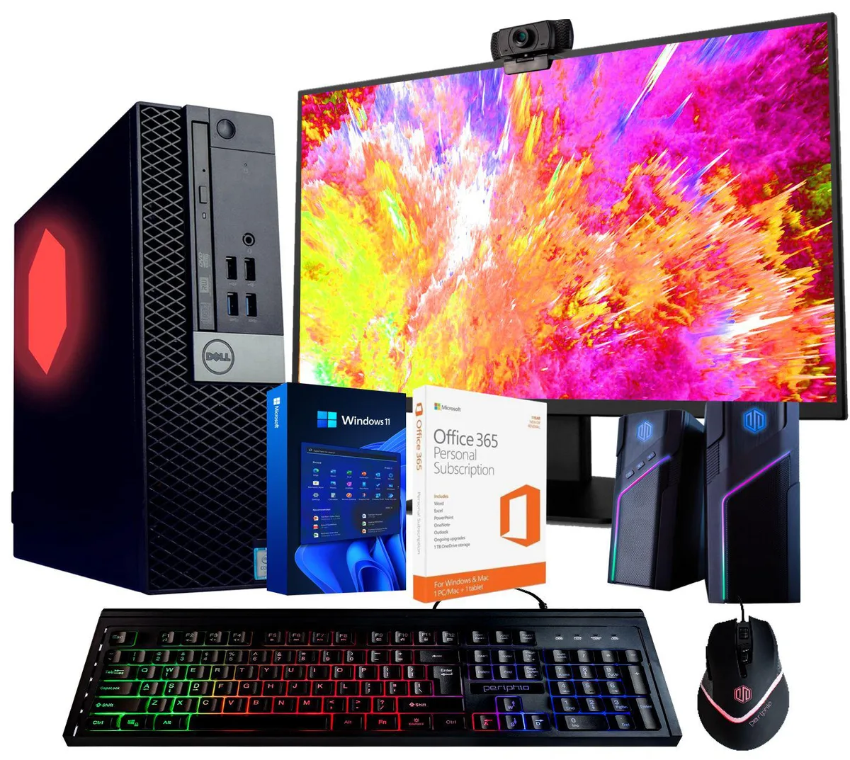 Dell OptiPlex 5060 black desktop tower with RGB side panel, 22 inch monitor, RGB keyboard, mouse and speakers