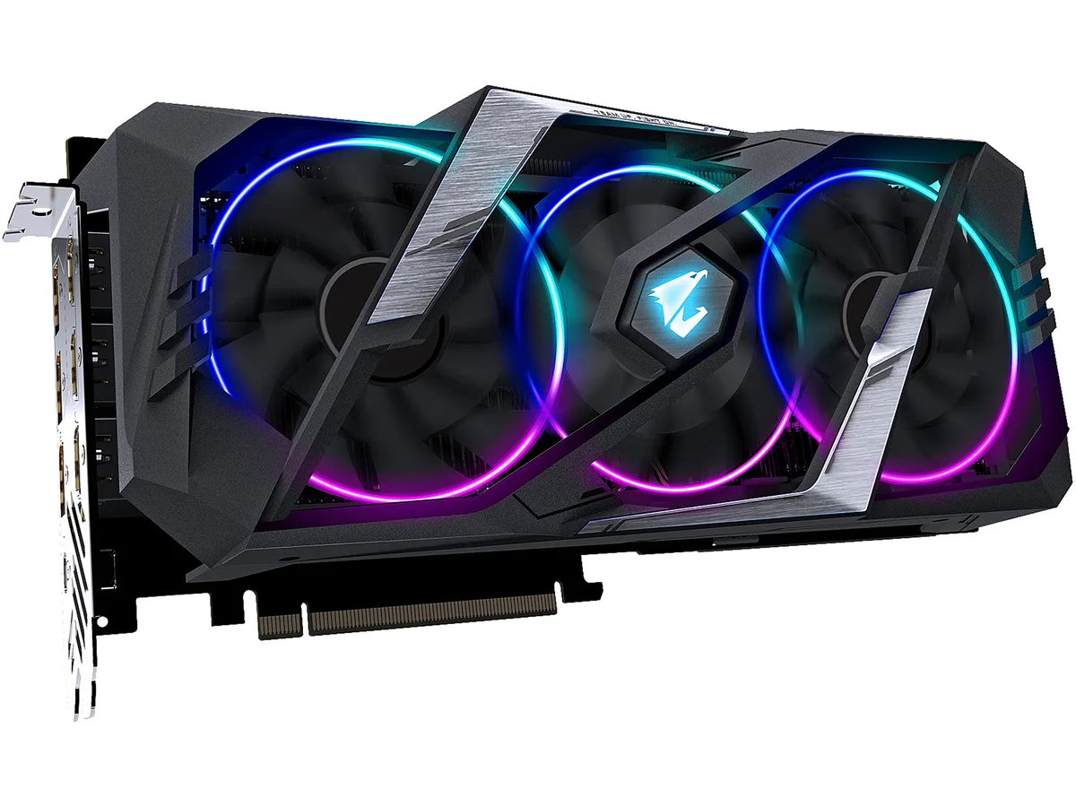 Black triple-fan graphics card with metal backplate and RGB lighting
