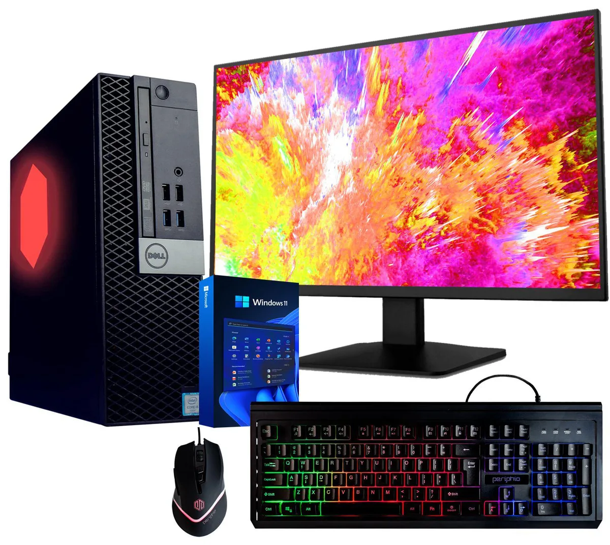 Dell OptiPlex 5060 desktop tower in black with RGB side panel, 22 inch monitor, RGB keyboard and mouse