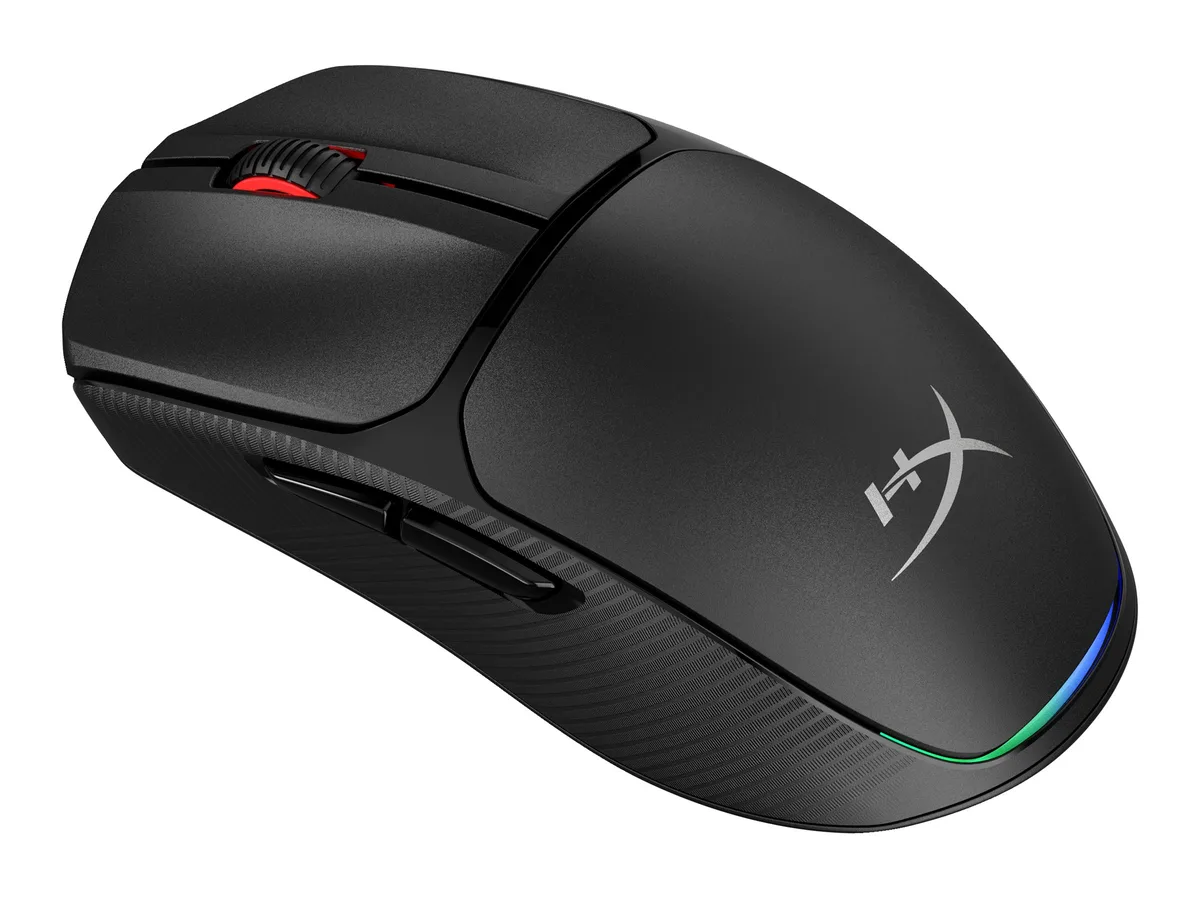Black wireless gaming mouse, symmetrical shape, six buttons