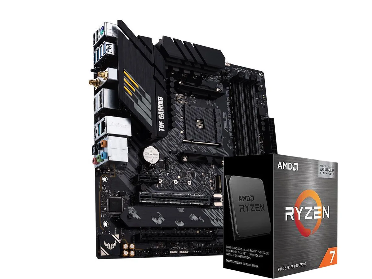 Micro-ATX motherboard with CPU, dark heatsinks and WiFi antenna