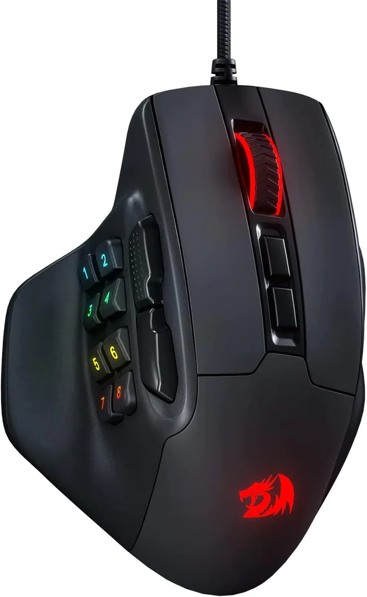 Black ergonomic wired gaming mouse with 15 buttons and RGB lighting