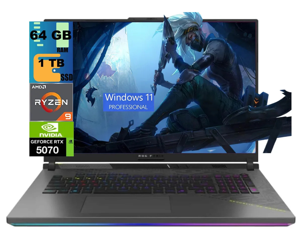 Black 18 inch gaming laptop with QHD display and RGB keyboard