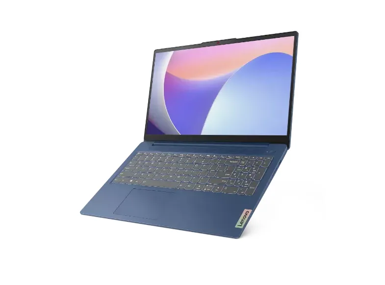 Silver 15.3 inch touchscreen laptop open showing backlit keyboard and FHD IR webcam with privacy shutter