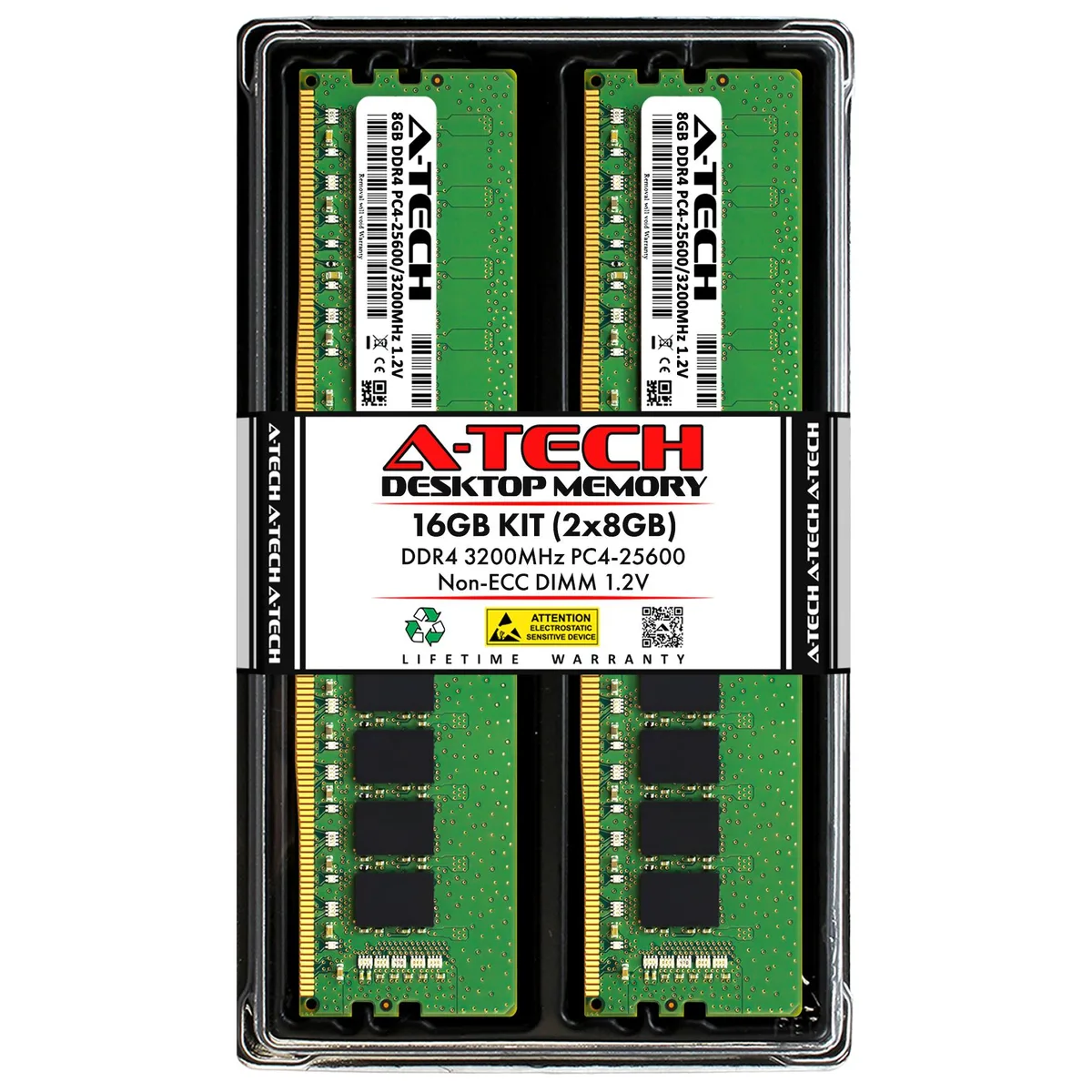 Two green DDR4 DIMM sticks in silver anti-static tray