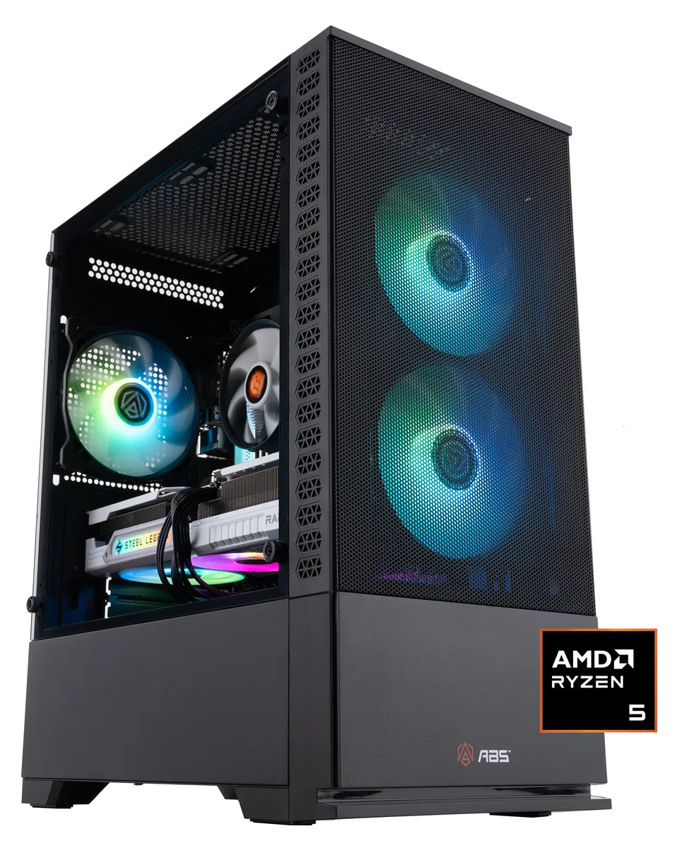 Black micro-tower gaming desktop with RGB memory visible inside